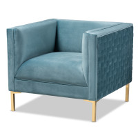 Baxton Studio TSF-6625-Light Blue/Gold-CC Seraphin Glam and Luxe Light Blue Velvet Fabric Upholstered Gold Finished Armchair